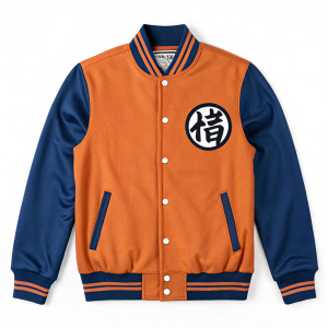 A casual photo of a Dragon Ball Z varsity jacket. Orange and blue colors dominate. Zip-up front with buttons. Distinctive Dragon Ball Z logo on chest area. Sporty and stylish design.