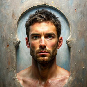 Headshot of a hunk, guilt, ultrafine detailed painting, painting, patting and helping, by ian hubert, formula 1, keyhole, kelter, Positive space

