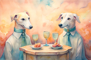 Imagine two humanoid dogs sitting at the table drinking wine and clinking glasses with a bowl of bones on the table
