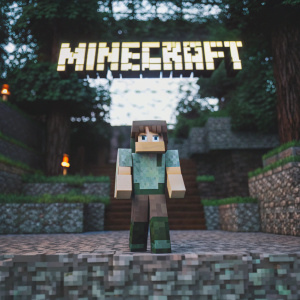 Minecraft avatar crafted from emerald blocks standing amidst a colorful, digital backdrop with glowing Minecraft logo.