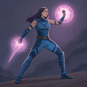 Psylocke in a powerful stance, wearing blue armor. Dark background with glowing aura.