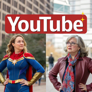 YouTube thumbnail: Split-screen image featuring two women, one in a superhero costume and another with a different look. Prominent text overlay.