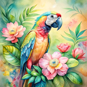 Vintage Old, Watercolor Soft Colors, Tropical Flowers and Plants Bonita Macaw