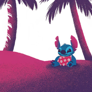 Lilo, from Lilo and Stitch, in a vibrant color pencil drawing. Sitting on a tropical beach, Stitch beside her. They share a mischievous grin