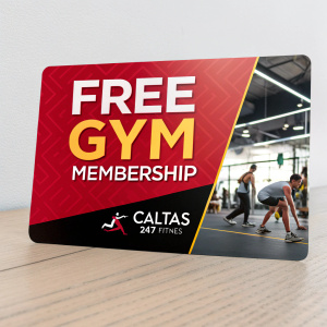 A promotional card for Caltas 24/7 Fitness. Bold design featuring a free gym membership offer.