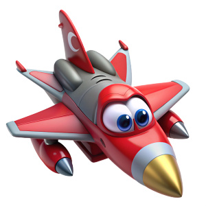 Türk F-16 savaş uçağı, animasyon film karakteri gibi yüzü olsun, uçağın arka kuyruğunda gerçek türk bayrağı kullan, 3D