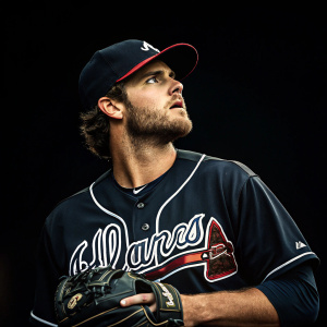 Victor Vodnik, Atlanta Braves player, intense focus. Dark jersey with white accents. Glove in hand. Solemn black backdrop.