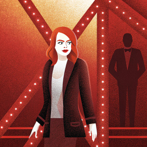 Emma Stone, Caucasian, auburn hair, bold makeup, red lipstick, black blazer, translucent top. Confident pose at award show. Warm, golden indoor lighting, blurred figure in background.