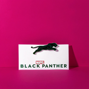 A promotional poster for Marvel's Black Panther. Vibrant green logo featuring sleek panther silhouette against a crisp white backdrop.
