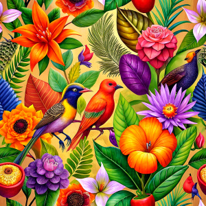 exotic orange craft paper with purple -red birds and yellow exotic flowers and wild flowers ,red  canna,flame altey,melon chamomileorange canna , ivy ,sisymbrium ,celosla, purplehyacinth ,saffron ,primrose ,rosemary , iris 