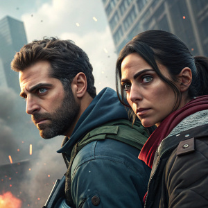 Promotional image for Payday 2. Ethan and Hila from the h3h3 Character Pack, amidst chaos, explosions, and smoke. Close-up shot highlighting detailed facial expressions. High-resolution graphics in a realistic yet stylized digital art style.