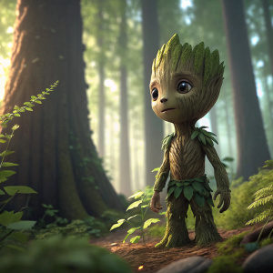 3D digital art of Groot, the beloved green alien from Guardians of the Galaxy. Standing in a forest, animated scene.