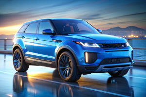 range rover evoque BLUE car, sports car, UHD, 8K, UNREAL ENGINE, PHOTOREALISTIC, REALISTIC, passing scenery,5N, aerodynamic parts, customized, ((satin_matt_color)), ((bright_headlights)), aerowing, dynamic_color, (dark_lights)), decorative LED Lights, dynamic_lighting, , blurred background, slick body, dynamic_angle, stealthy, stealth,gold, silver, neon, futuristic,