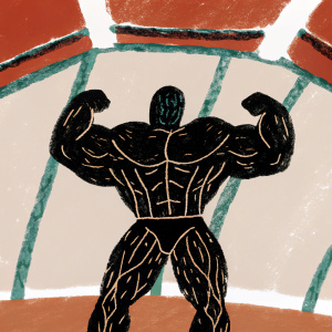 Powerful bodybuilder in action pose. Biceps flexed, veins bulging. Black and white line drawing, detailed anatomy.