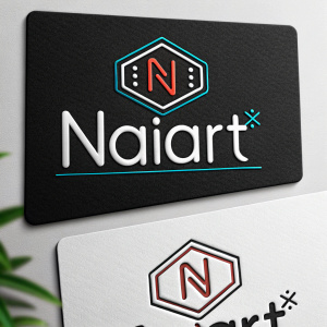 Creative logo design for Naiar(t). The name 'Naiar(t)' is integrated with coding symbols. Split into two versions: one on a black background and the other on white background.