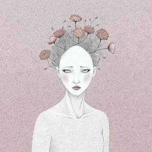 mujer que tiene la cabeza y  llena de flores muertas  y está triste 