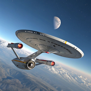 A digital rendering of the USS Enterprise from Star Trek: The Next Generation. It's flying through a clear, starless sky. The ship is in focus, with a distant celestial object in the background.