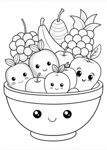 Coloring page, colorless cute cartoon bowl of fruit with apples, bananas, and grapes, white background, black line art, no shading, no shadow, no color, no gray