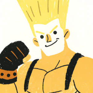 Digital sketch of Paul Phoenix from Tekken. Character muscular with spiky blonde hair and a confident smile. Digital art workspace visible with various tools and panels. Background is plain white.