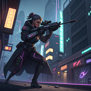 Sombra, the elusive Overwatch hacker, stealthily moves through a high-tech urban landscape, wielding her high-tech weapon.