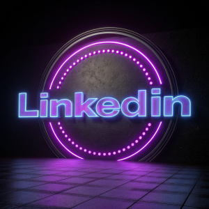 Rendered image of LinkedIn logo, vibrant purple hues, sleek neon design. Against black backdrop, high-tech vibe.