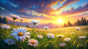 The landscape of white daisy blooms in a field, with the focus on the setting sun. The grassy meadow is blurred, creating a warm golden hour effect during sunset and sunrise time.