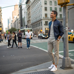 Cristiano Ronaldo, standing on a busy street corner in a casual outfit. No soccer field, no jersey