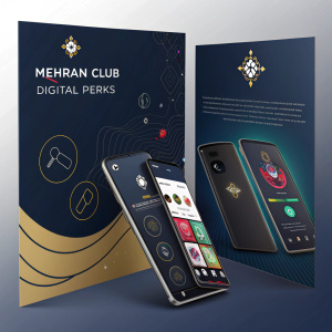 A glossy brochure showcasing Mehran Club's digital perks. Highlighting sleek smartphone and app benefits. Modern design with dark hues.