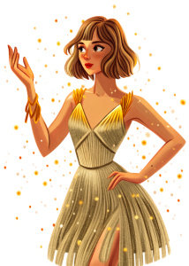 Sketch, adult, full body, whole body, Ella Purnell short hair with short dress glitter yellow-brown, fringe dress, pose looking to the side, with a hand outstretched calling for dancing,  illustration, details