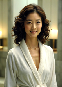 1girl, 20-year-old Korean actress Clara Lee Sung-min, with medium curly brown hair, wearing an open white bathrobe, bathroom: 1.2, collarbone, 45-degree face looking at the audience, ((turbulent)), ((perfect body proportions)), ((Full-body view: 1.3)), grinning, deep shadows, Wong Kar-wai photography style, half body to navel: 1.2, <lora:DetailedEyes_xl_V2:1>, <lora:neg4all_bdsqlsz_xl_V7:1>, (super delicate oval face)), ((Beautiful eyes with long eyelashes)),((Real quality)),((Leica RAW photo)),