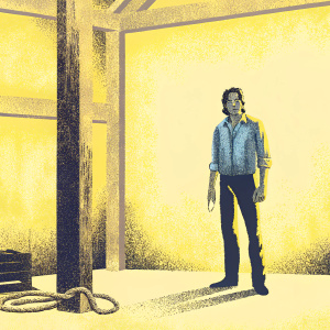 Eric Balfour as Duke Crocker, standing in a dimly lit, industrial-style room. The space is adorned with worn wooden textures and a single source of warm lighting. He wears a tattered denim shirt and dark pants, with a coiled rope resting beside him.