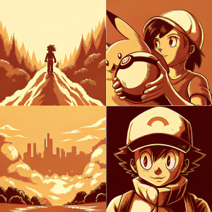A digital art collage featuring popular anime characters from Pokemon. Each character is depicted with unique Pokemon companions in various engaging scenarios, set against vibrant backgrounds.