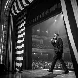Michael Bublé performing at the grand auditorium. Black and white striped stage curtain. Large crowd in the background
