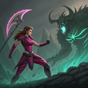Digital art of Sarah Kerrigan in an epic battle stance. She has a slender build, brown hair, and a striking pink outfit. In the background, a menacing creature with sharp horns and teeth looms. Dark color palette with green and teal highlights. Fantasy style.