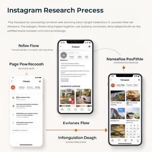 Slide showcasing Instagram research process. Features screenshots of Instagram interface highlighting key elements.