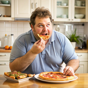 overweight man in his thirties eating pizza, kitchen background