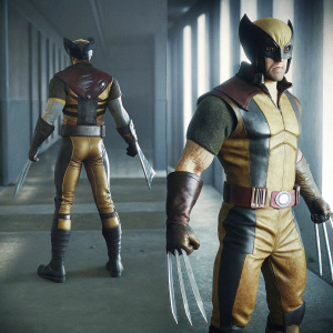 Detailed rendering of Wolverine from Marvel universe. Character design in various poses and angles. Dark color palette with metallic and earthy accents. Intricate details of costume's design elements, including panels, straps, and lines.