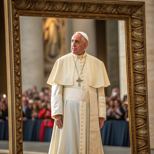 Pope Francis stands dignified at Vatican event. Wearing traditional papal robes, framed against blurred crowd.