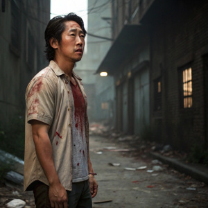 Realistic 3D render of Glenn Rhee. Asian male, dark hair, distressed. Standing in abandoned alleyway. Blood-stained shirt, weary expression.