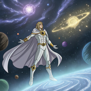 E Hero Neos from Yu-Gi-Oh!, depicted in an epic, floating stance within a vast cosmic expanse.