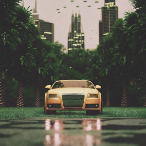 A detailed 3D render of a Yellow Audi RS5 parked in a futuristic cityscape.