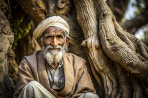 A wise elder sitting under an ancient tree, a trace of a smile as they impart wisdom without a word, close up.
