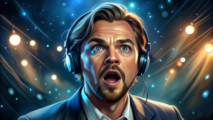 Leonardo DiCaprio with headphones on, looking surprised and intrigued
