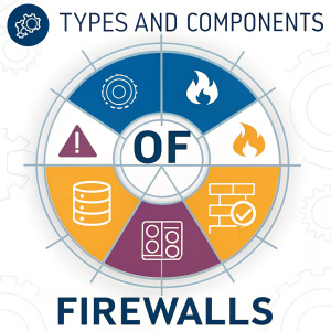 Infographic: Types and components of firewalls. Clean and professional design. Circular layout with central section highlighting network firewall elements. Shapes include rectangles and triangles in blue, purple, orange, and yellow.