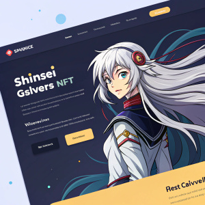 An online marketplace showcasing a Shinsei Galverse NFT. Stylized anime character with flowing silver hair. Dynamic pose. Vibrant color scheme on dark background. Web page layout