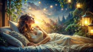  despertar, bella mujer joven y atractiva duerme en una cama, relajacion,  luz, noche, sensación de total realismo, naturaleza, 
 amplia profundidad e imagen de gran calidad ultra detallada