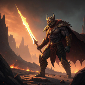 Etrigan the Demon, a towering, muscular being with a demonic appearance, stands fierce and determined. Clad in a horned mask and sharp features, he wields a flaming sword. The setting is a desolate, rocky landscape with jagged mountains and an eerie, glowing twilight sky, creating a stark contrast with the infernal glow of his weapon.