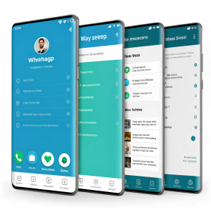Multiple screenshots showcasing the new WhatsApp interface. Main screen featuring vibrant blue and white colors, side panels with grey accents.