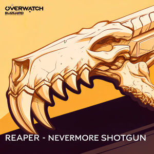High-resolution 3D model of Reaper-Nevermore Shotgun. Textured with beige hues, detailed skeletal structure. Set against plain background. Featuring Overwatch and Blizzard Entertainment logos.