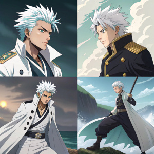 Toshiro Hitsugaya, character from Bleach, depicted in various heroic poses and stylish outfits.